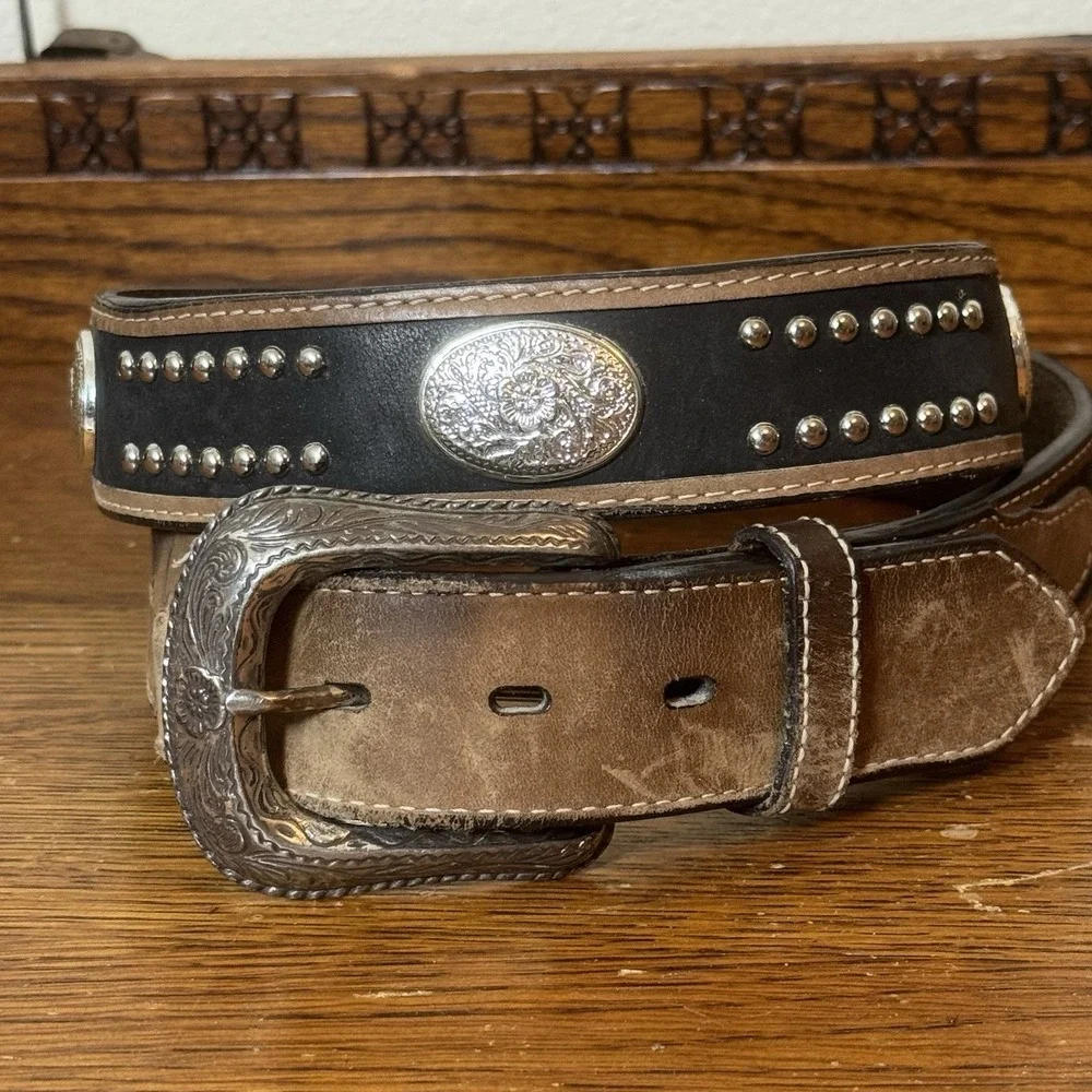 Men's Leather Western Studded Concho Belt Size 40 Black Brown Silver Tone Buckle